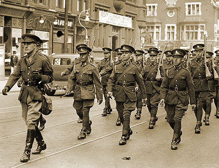 Bolton Artillery marching along Bradshawgate en route to trinity St Station summer 1939