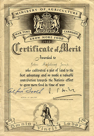 Certificate of Merit for growing food in Wartime